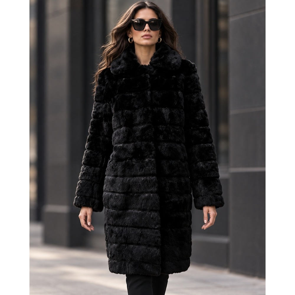 Wilsons Leather Pelle Studio Black Rabbit Fur Coat Tiered Mid Length Womens L